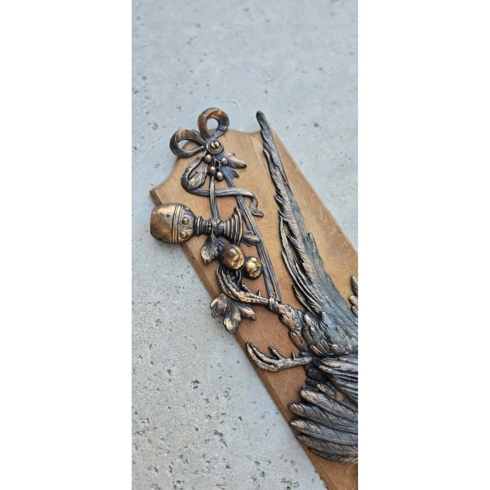 Vtg German cast metal still life hunting pheasant wall decor wood cabin core